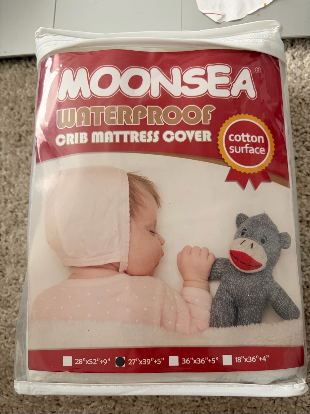 Moonsea Waterproof Crib Mattress Cover - White & Red Packaging